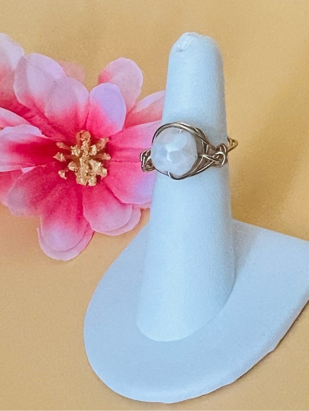 Gold plated wire wrapped ring size 6, white bead